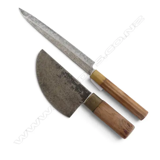 VINTAGE JAPANESE CARBON STEEL CHEF'S KNIFE & CLEAVER both signed along blade