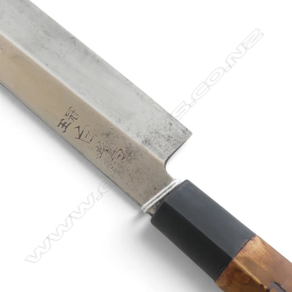 JAPANESE FORGED CARBON STEEL CHEF'S KNIFE, SIGNED, L.335mm Image 1++