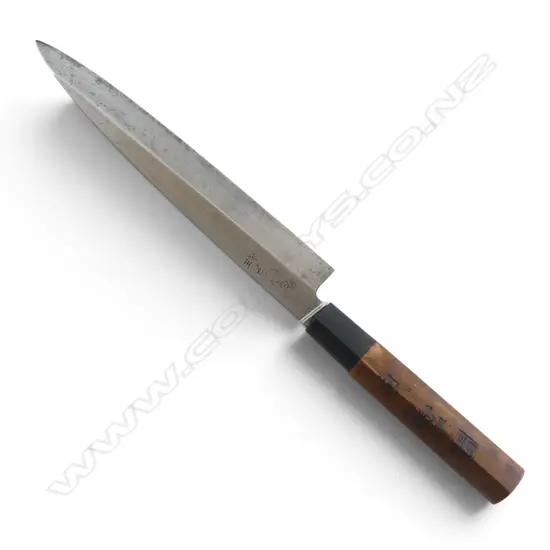 JAPANESE FORGED CARBON STEEL CHEF'S KNIFE, SIGNED, L.335mm