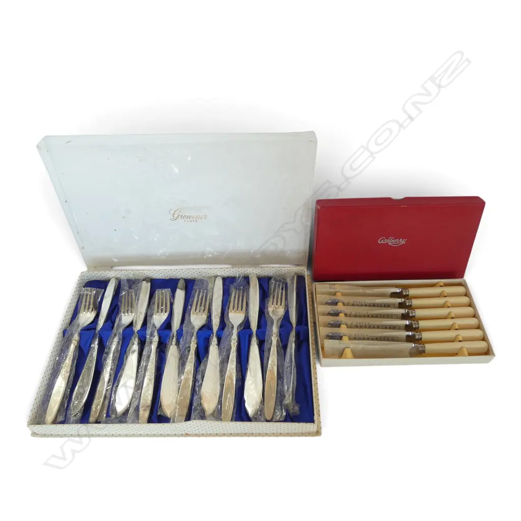 BOXED SET OF 6 IVORINE 'BONE' HANDLED KNIFES + 6 GROSVENOR PLATED FISH KNIVES & FORKS Image 1++