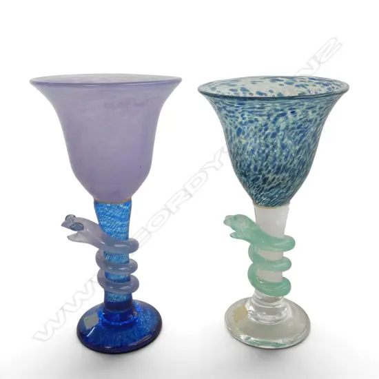 2 ART GLASS GOBLETS etched Lance '93, writhing snake to stem H.180mm