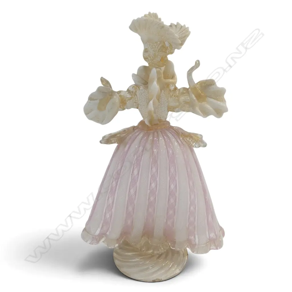 VINTAGE ITALIAN MURANO VENETIAN ART GLASS 'NOBLE LADY' IN LATICINO STRIPED DRESS. Hand made, with repair. H.265mm. Image 1++