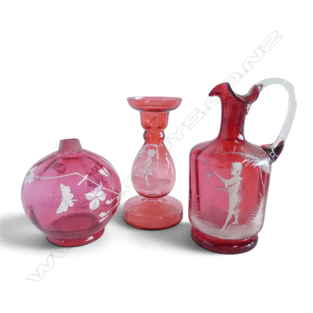 VINTAGE MARY GREGORY CRANBERRY GLASS JUG H190 VASE H170MM & BOTTLE NO TOP  Image 1++