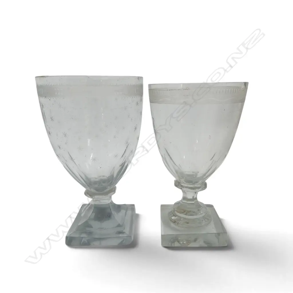 2 GEORGIAN ETCHED CRYSTAL GLASSES on sqaure bases, wear comensurate w. age H.160mm Image 1++