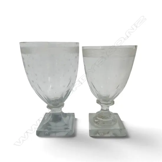 2 GEORGIAN ETCHED CRYSTAL GLASSES on sqaure bases, wear comensurate w. age H.160mm