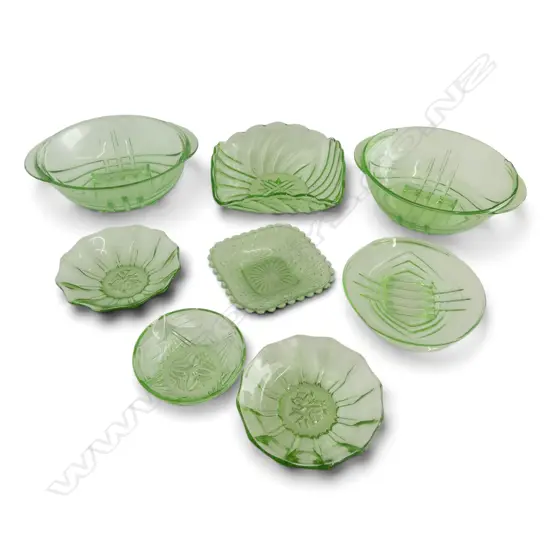 3 PCS URANIUM GLASS; 2 LRG BOWLS & DISH (1 bowl hairline to base) + 5 PCS GREEN DEPRESSION GLASS