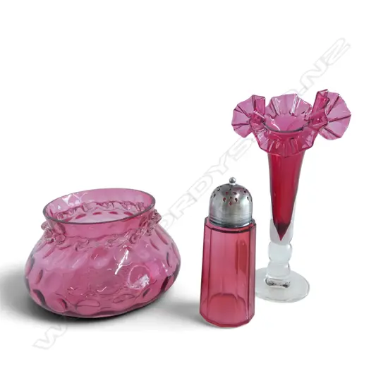 3PCS VINTAGE CRANBERRY GLASS BOWL DIA170 MM VASE H220MM SUGAR CASTER H150MM