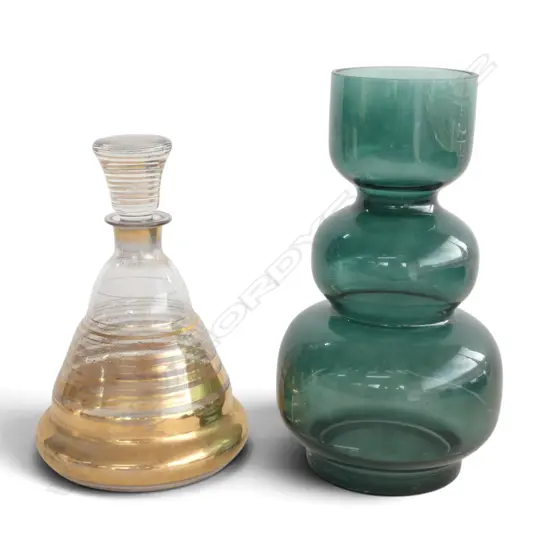 VINTAGE DANISH BOTTLE GREEN GLASS VASE & GOLD GLASS DECANTER. TALLEST 250MM