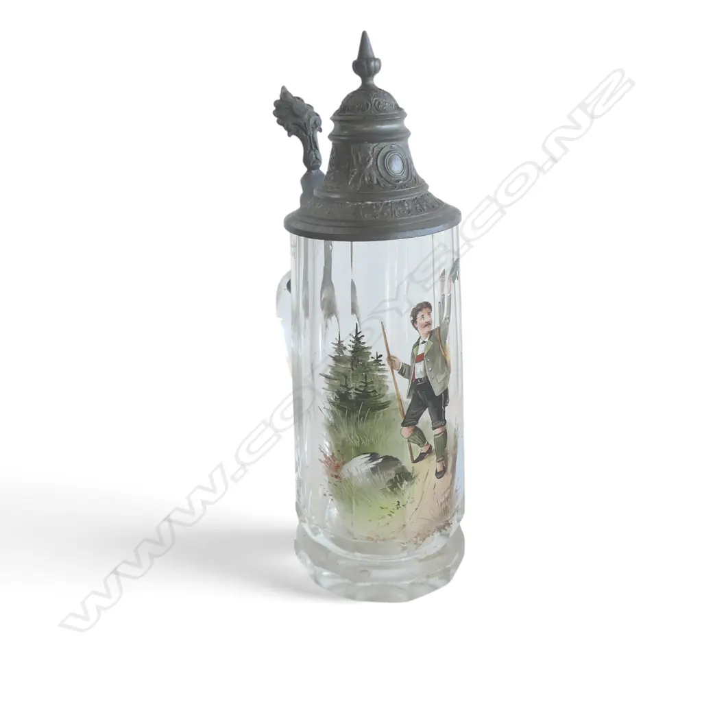 ANTIQUE BAVARIAN BEER STEIN HANDPAINTED GLASS & PEWTER, H.260MM Image 1++