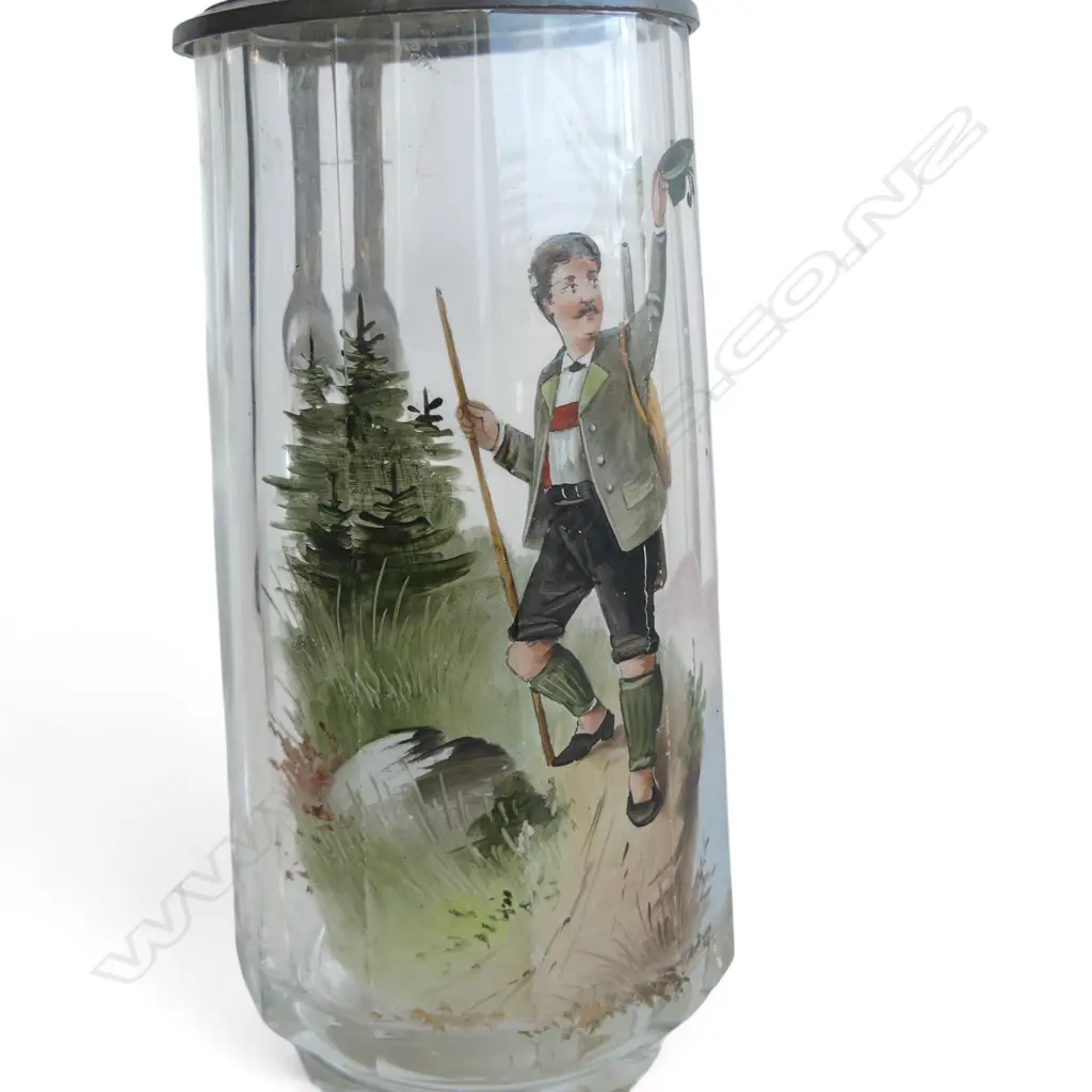 ANTIQUE BAVARIAN BEER STEIN HANDPAINTED GLASS & PEWTER, H.260MM Image 1++