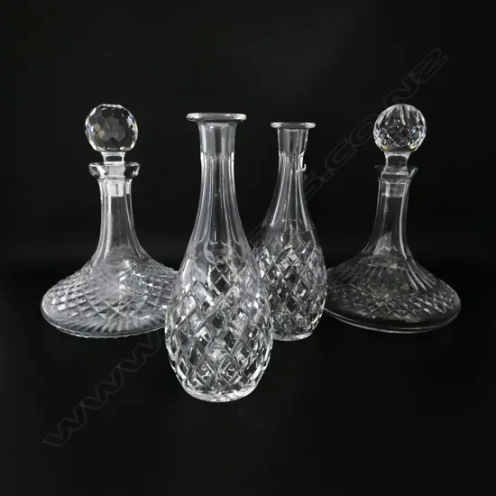 4 DECANTERS; 2 SHIPS + 2 w. NO STOPPERS H.250mm