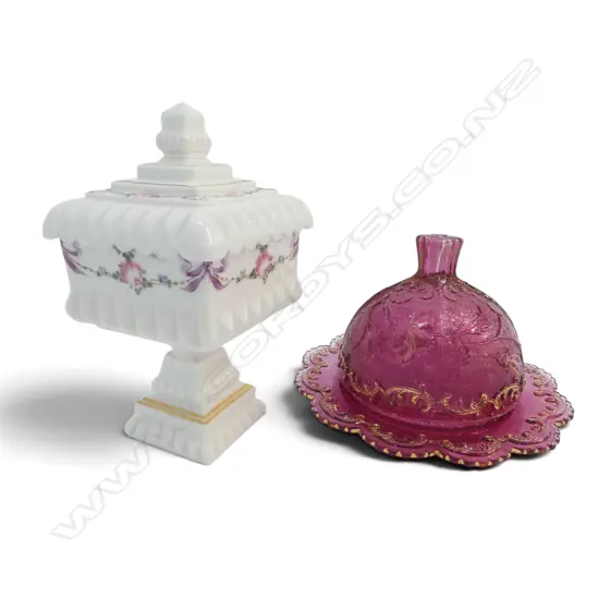 AMERICAN  MILKGLASS LIDDED STEMED BOWL H210MM & CRANBERRY GLASS LIDDED BUTTERDISH DIA 190MM