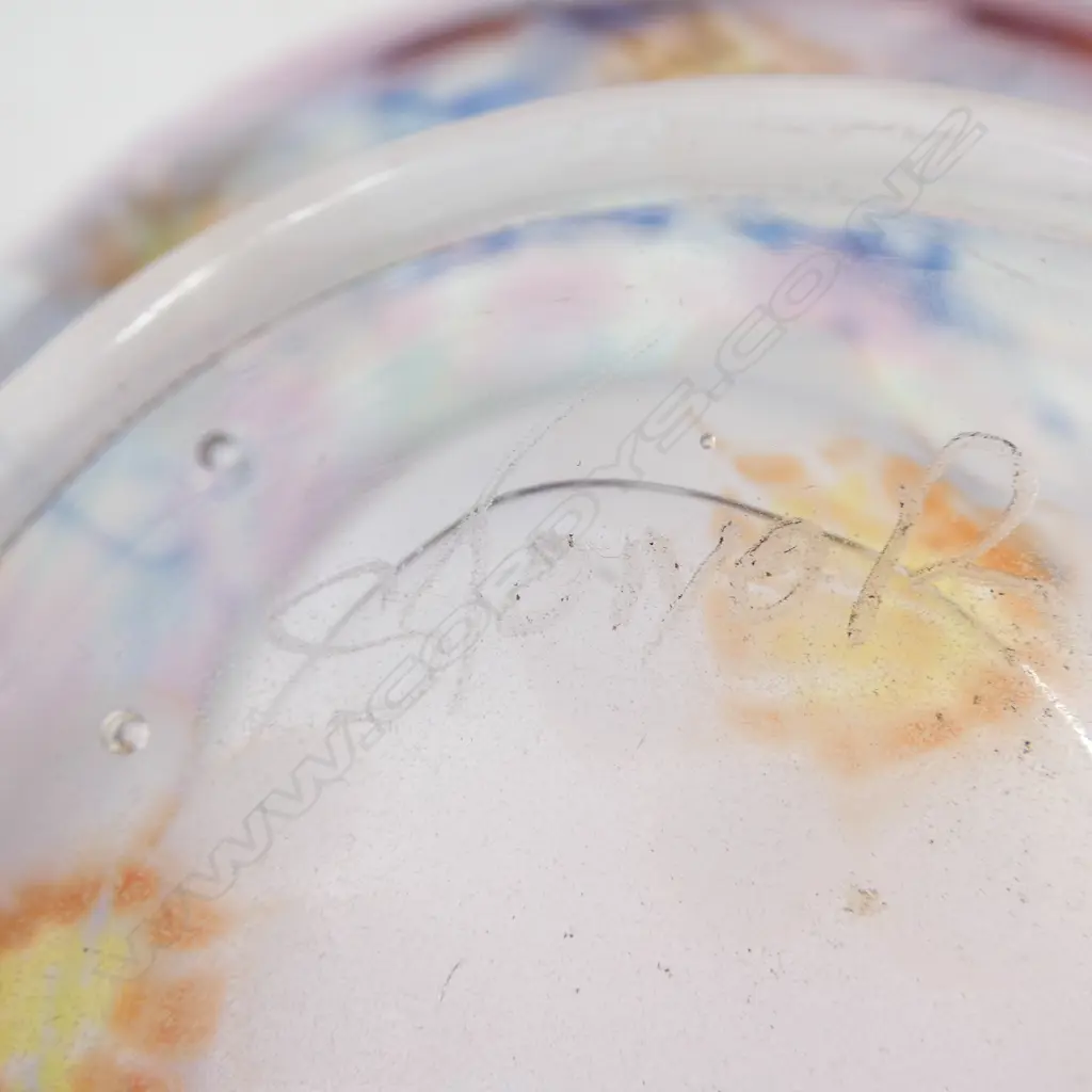 STUDIO GLASS BOWL MAUVE & FLOWERS SIGNED STONER H95MM DIA130MM Image 1++