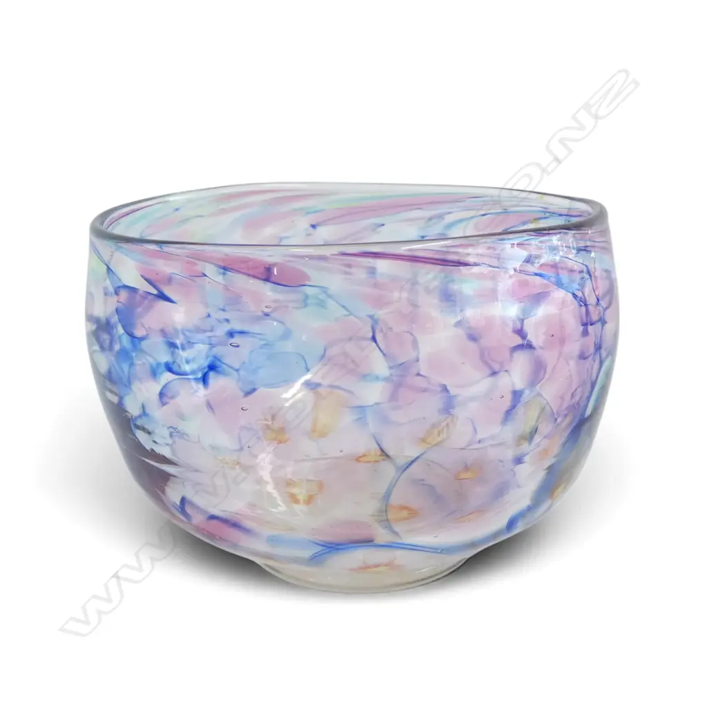 STUDIO GLASS BOWL MAUVE & FLOWERS SIGNED STONER H95MM DIA130MM Image 1++