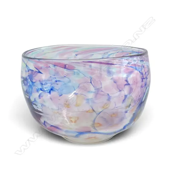 STUDIO GLASS BOWL MAUVE & FLOWERS SIGNED STONER H95MM DIA130MM