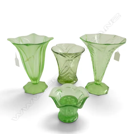 2 URANIUM GLASS LILY VASES H.80-200mm + 2 PCS GREEN DEPRESSION GLASS, 1 w flower frog