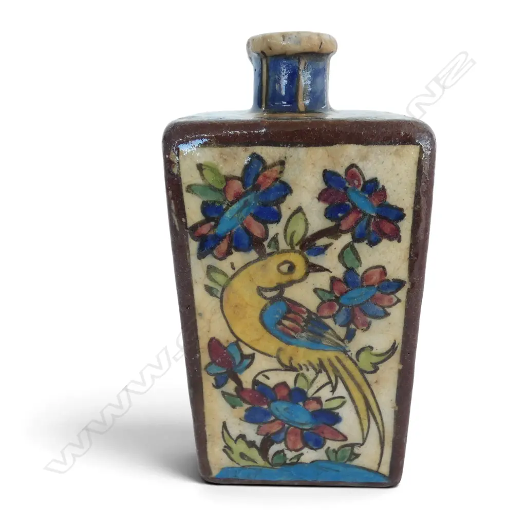 PERSIAN QAJAR STYLE SQUARE SECTION BOTTLE VASE chip to rim H.200mm Image 1++