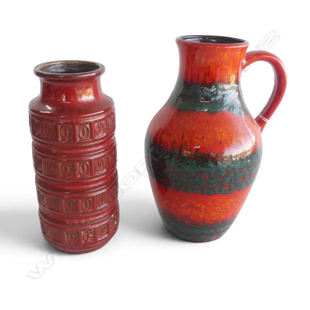 2 MID CENTURY WEST GERMAN VASES RED COLOURWAY H240 & 270MM Image 1++