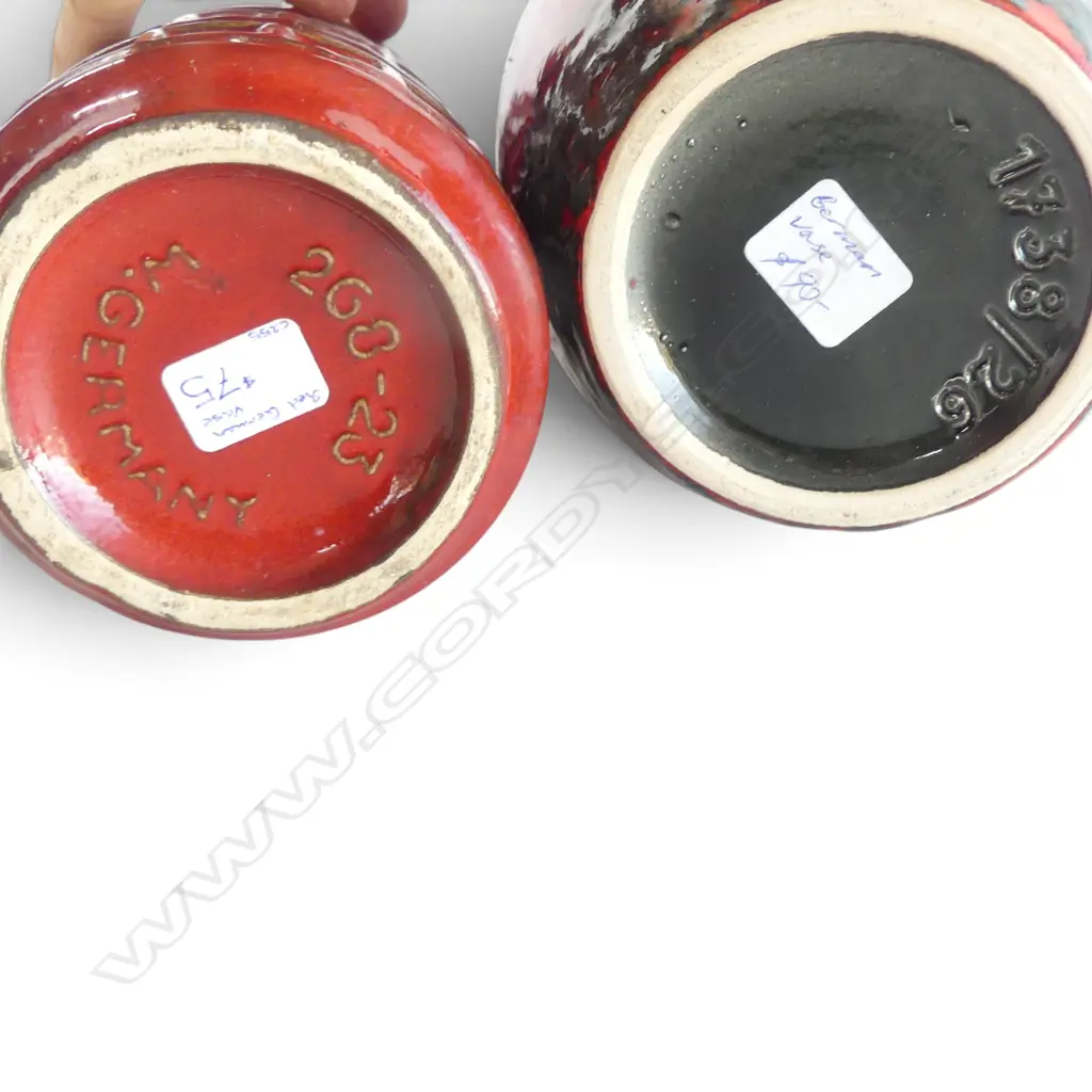 2 MID CENTURY WEST GERMAN VASES RED COLOURWAY H240 & 270MM Image 1++