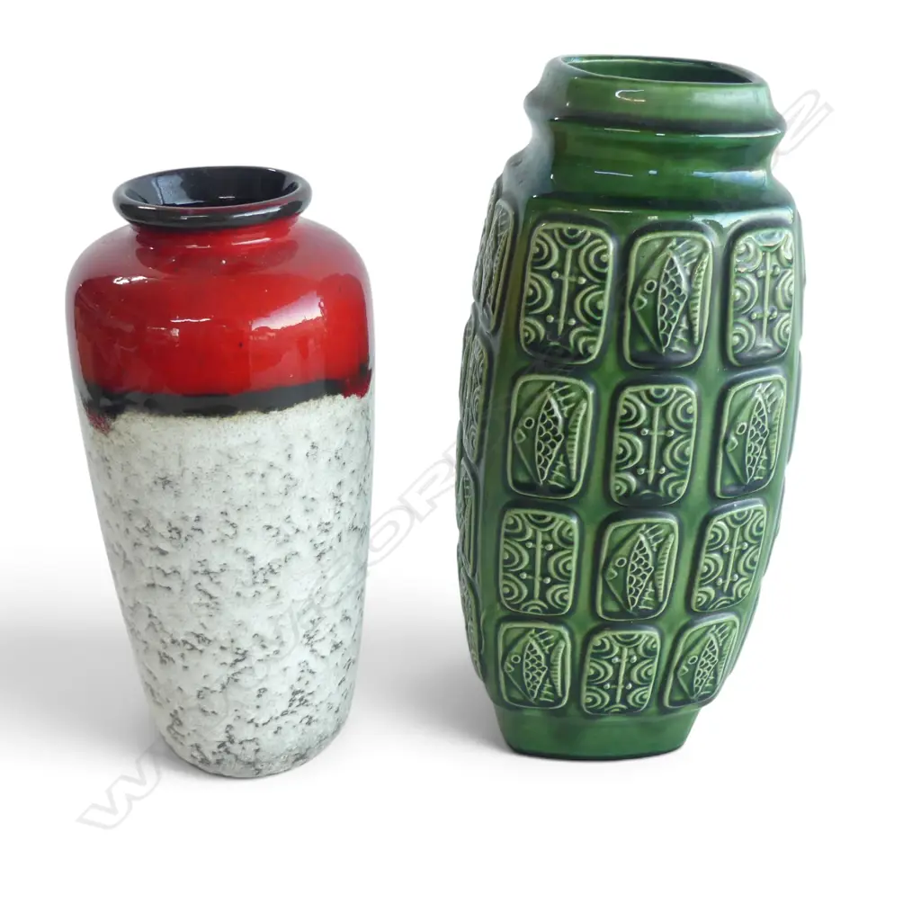 2 MID CENTURY WEST GERMAN VASES GREEN H310 RED & GREY H260MM Image 1++