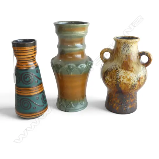 3 MID CENTURY WEST GERMAN VASES AUTUMN COLOURS H300 & 260MM