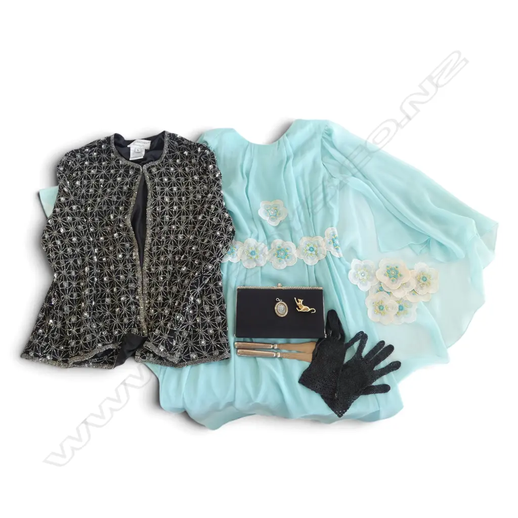 1970s BLUE DRESS, BEADED JACKET, PURSE ETC Image 1++