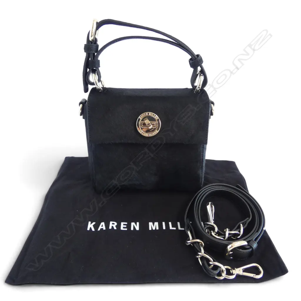 KAREN MILLEN SML BLK HANDBAG, fur texture, cross body strap, unused, 160x160x90mm Image 1++