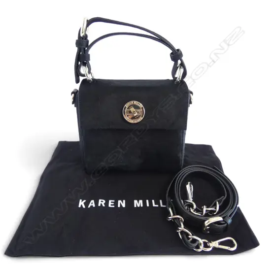 KAREN MILLEN SML BLK HANDBAG, fur texture, cross body strap, unused, 160x160x90mm