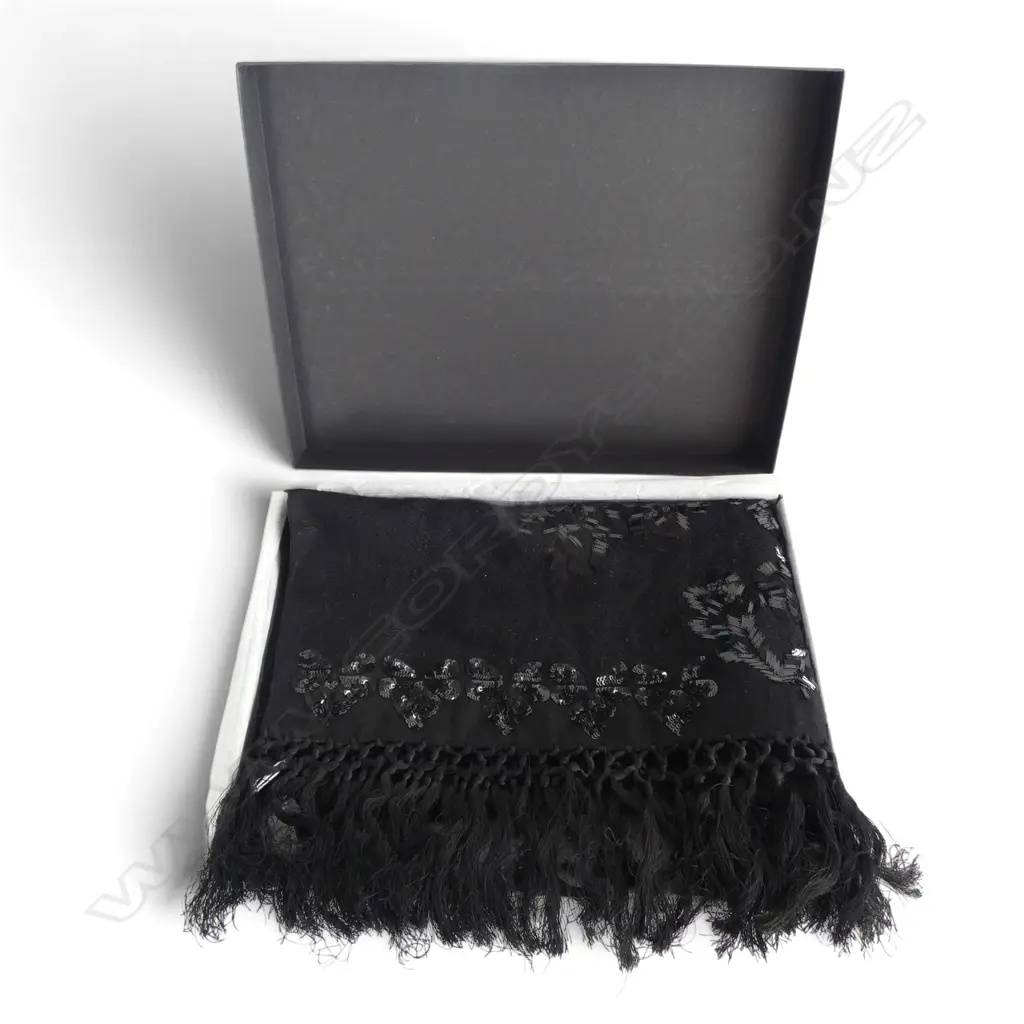 DRIES VAN NOTEN EMBROIDERED BLACK WOOL SCARF, BOXED Image 1++