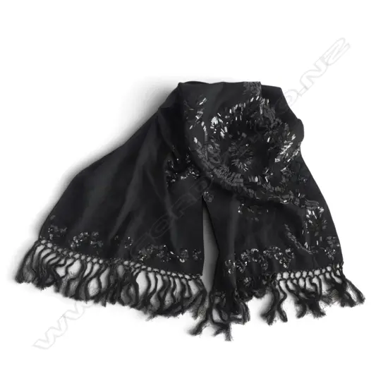 DRIES VAN NOTEN EMBROIDERED BLACK WOOL SCARF, BOXED