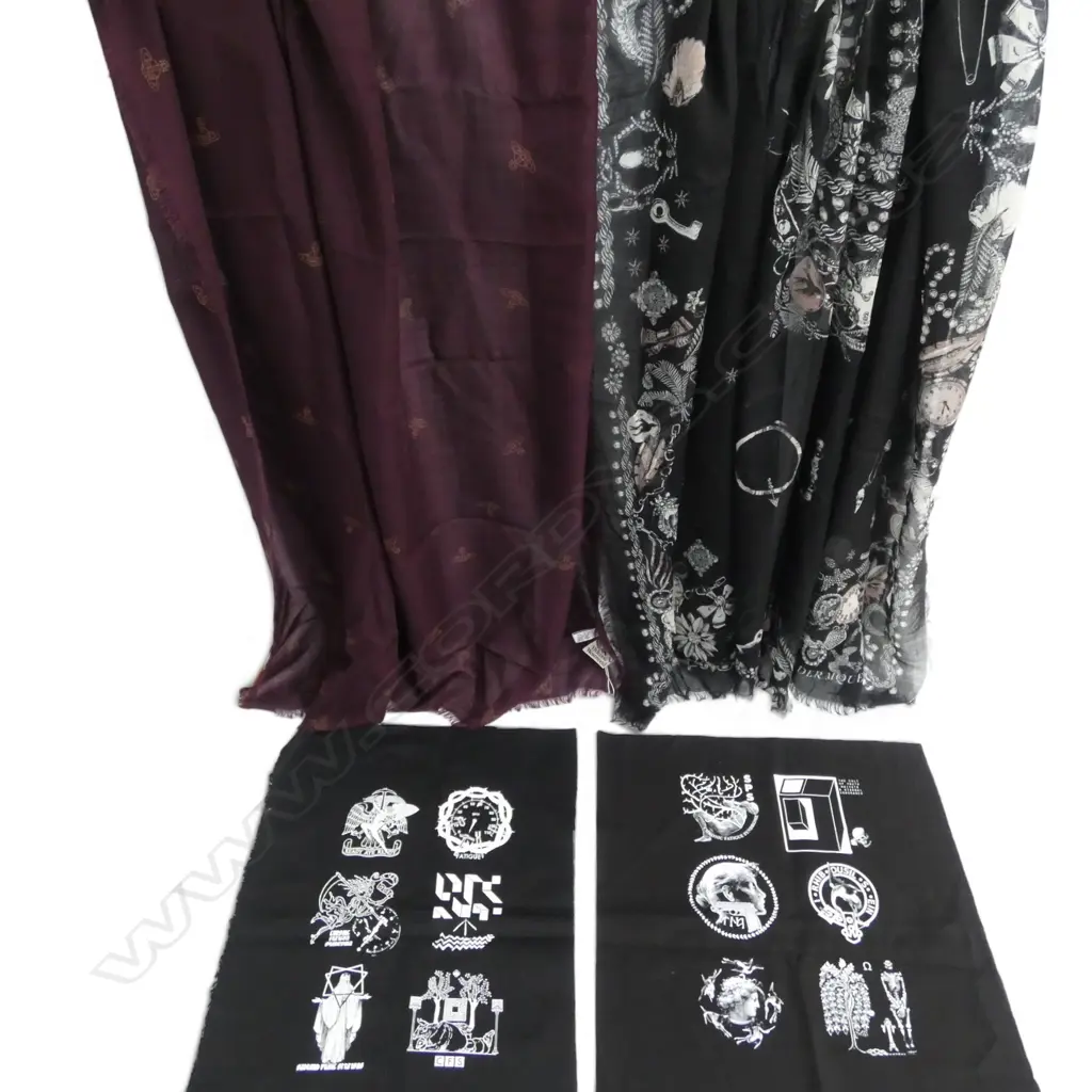 2 DESIGNER SCARVES; VIVIENNE WESTWOOD, ALEXANDER MCQUEEN + 2 ANDREW MCLEOD FABRIC PATCHES Image 1++