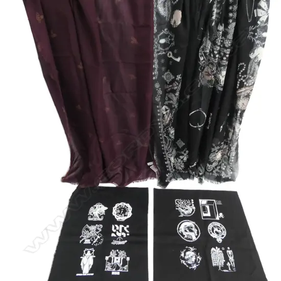 2 DESIGNER SCARVES; VIVIENNE WESTWOOD, ALEXANDER MCQUEEN + 2 ANDREW MCLEOD FABRIC PATCHES
