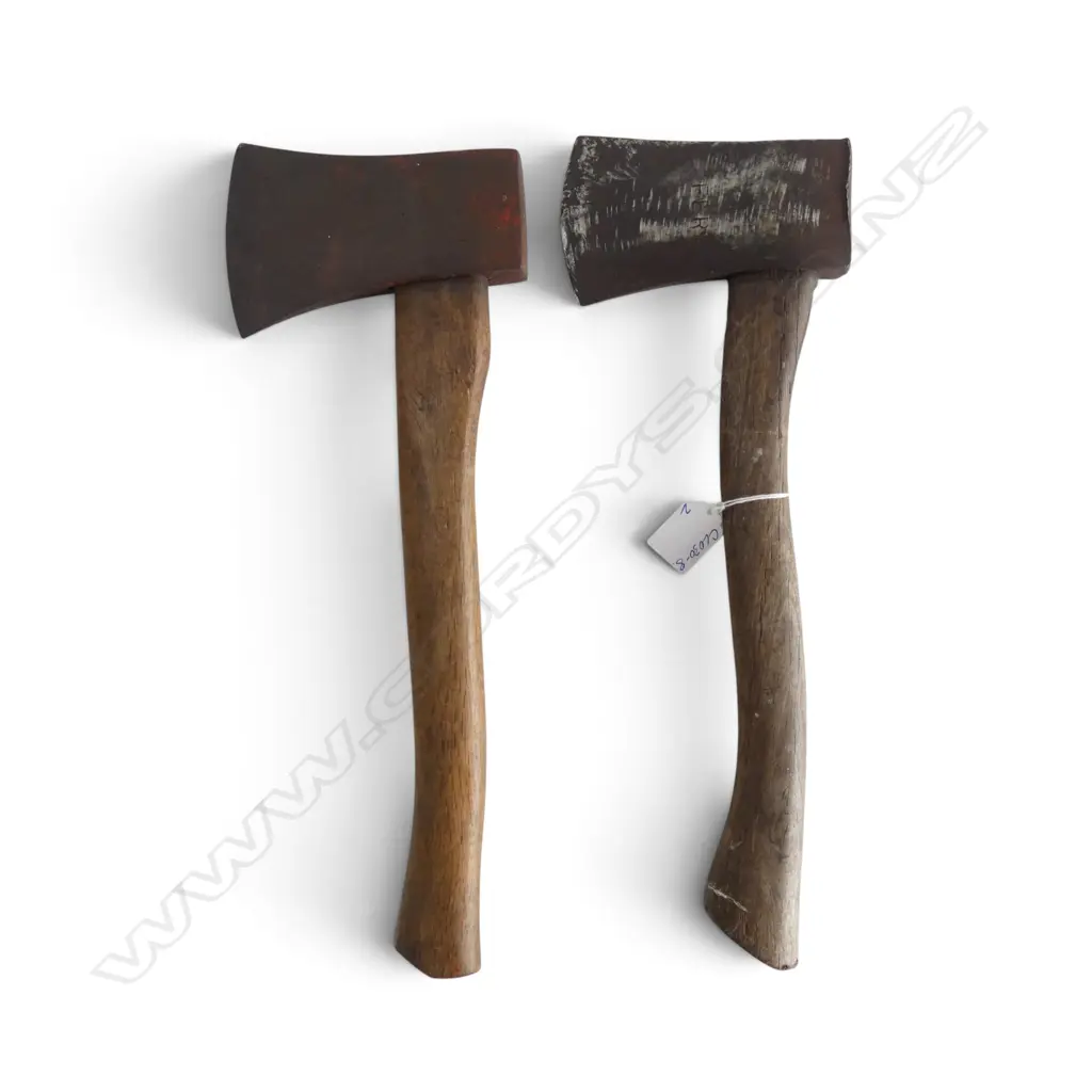 2 OLD HATCHETS with forged steel heads & oak handles. L.380mm ea. Image 1++
