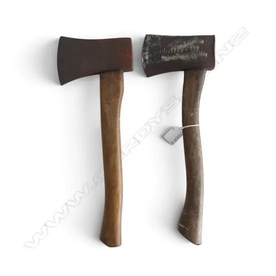 2 OLD HATCHETS with forged steel heads & oak handles. L.380mm ea.