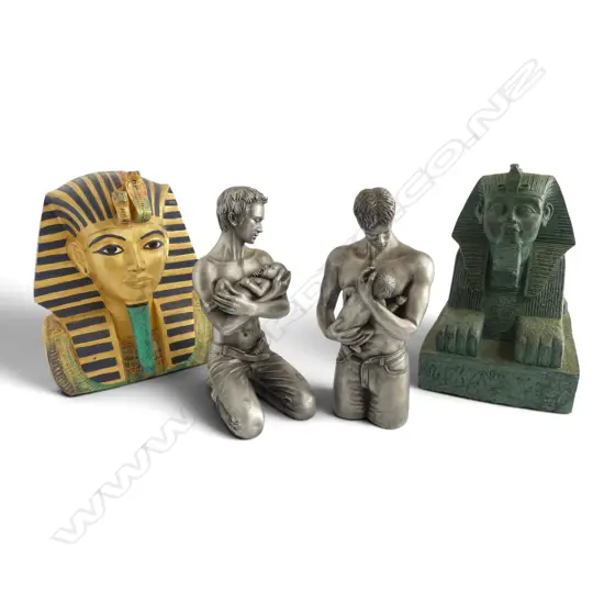 4 PCES; 2 EGYPTIAN (REPAIRS) H.250mm + 2 SILVER RESIN FIGURES