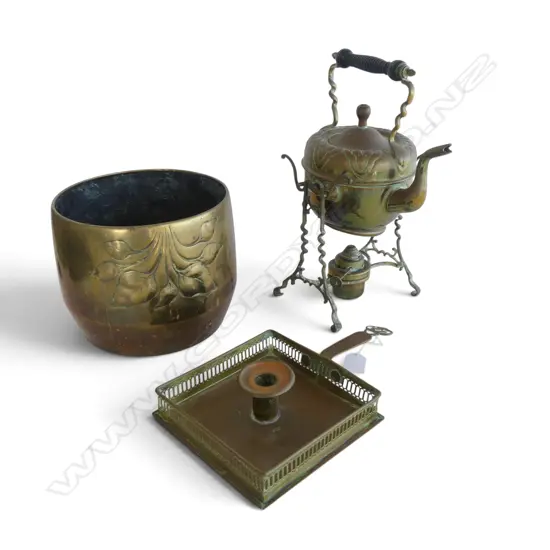 3 PCES BRASS; JARDINIERE H.165mm, SPIRIT KETTLE, CHAMBER STICK