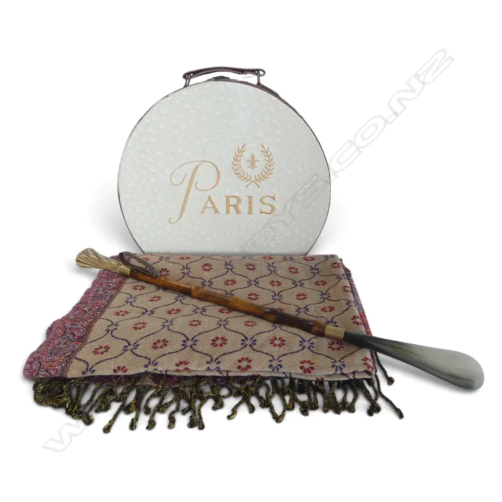 3 PCS; PAISLEY JACQUARD SHAWL, HAT/STORAGE BOX & LONG CANE SHOEHORN Image 1++