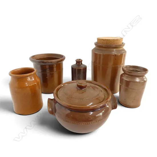 6 PCES STONEWARE; 3 CROCKS, 2 JARS, BOTTLE