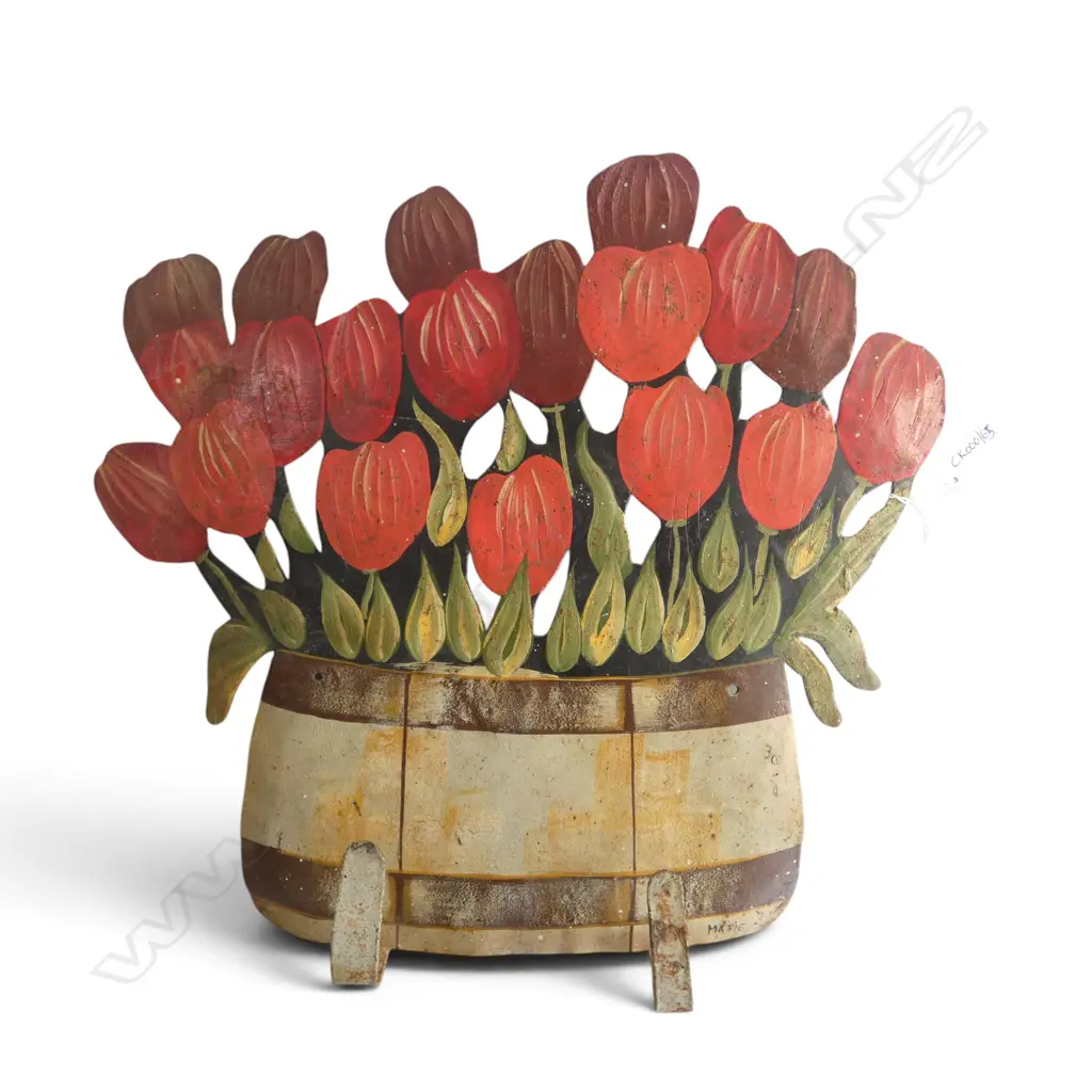 METAL FOLK ART WALL HANGER, BASKET OF FLOWERS, SIGNED MARIE 400x440mm Image 1++