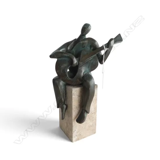 SCULPTURE; BRONZE GUITAR PLAYER ON STONE BASE, MADE IN SPAIN H.265mm