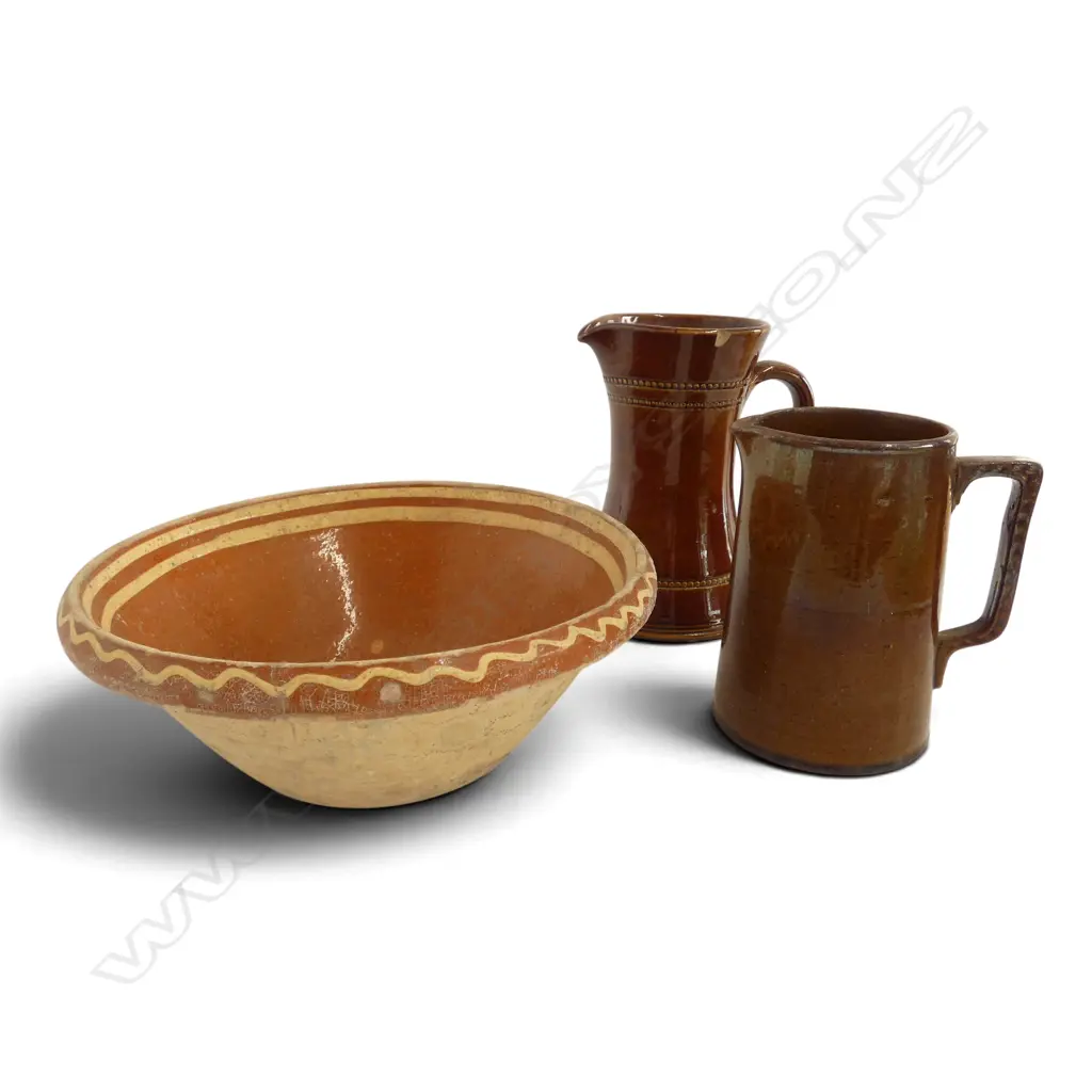 2 JUGS (LARGEST CHRISTCHURCH BRICK CO. LTD. H.190mm + BOWL 270mm dia FAULTS Image 1++