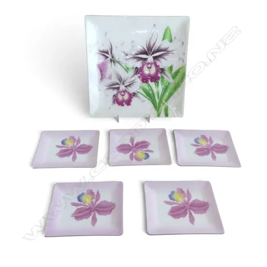 ANDO CLOISONNE ORCHIDS TRAY, & 5 CLOISONNE BRITE DISHES, L.205MM, L120MM
