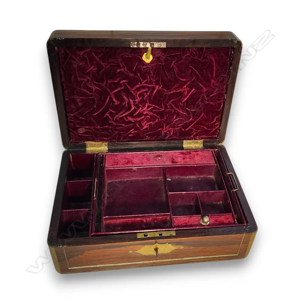WOODEN JEWELLERY BOX W BRASS-INLAID EDGE AND VELVET INTERIOR 130 H x 300 L mm Image 1++