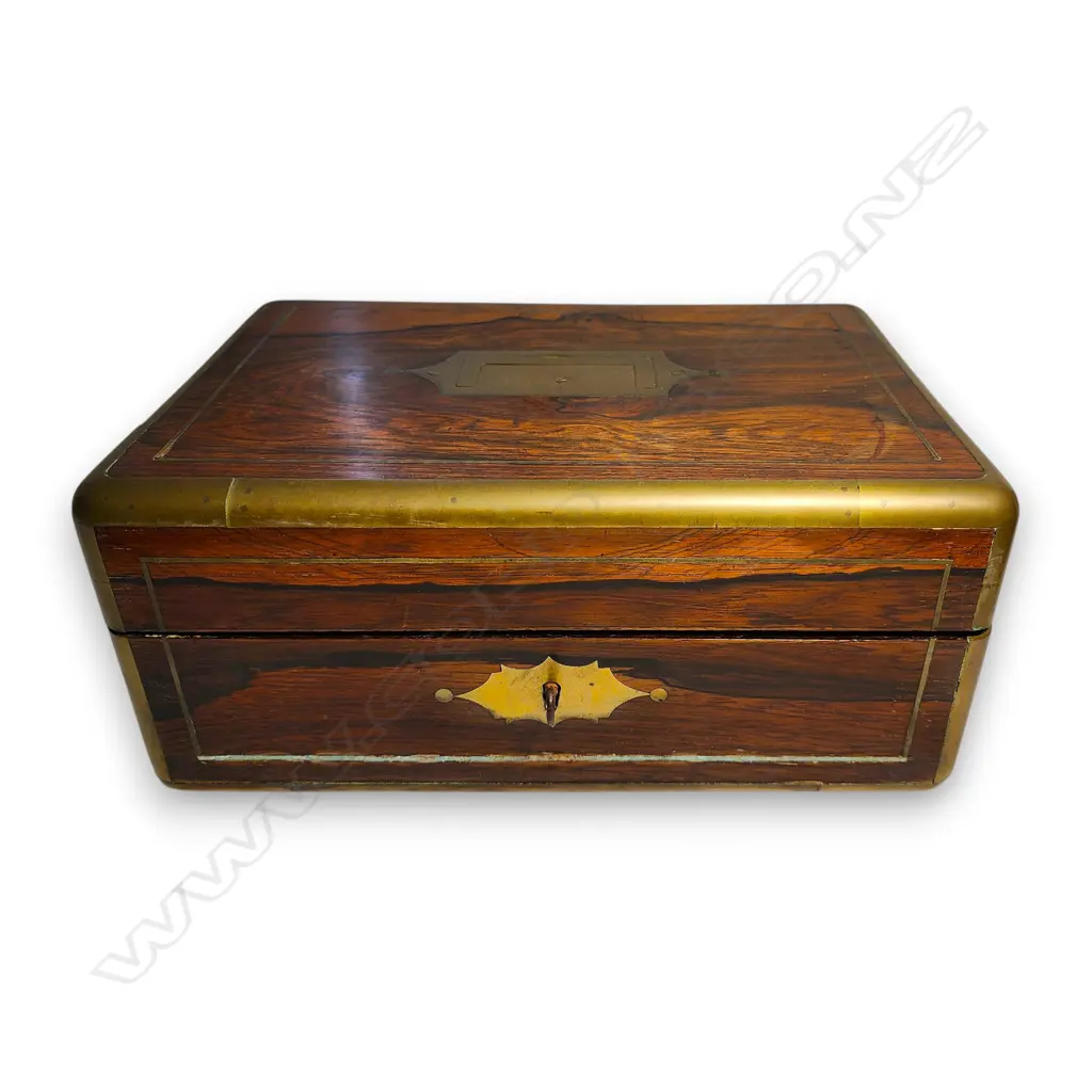 WOODEN JEWELLERY BOX W BRASS-INLAID EDGE AND VELVET INTERIOR 130 H x 300 L mm Image 1++