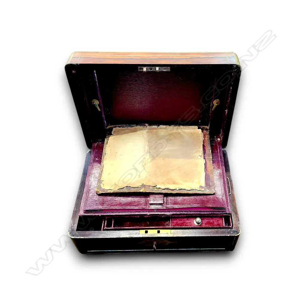 ANTIQUE 19th CENTURY WOODEN JEWELLERY BOX W BRASS-INLAID EDGE AND VELVET INTERIOR 130 H x 300 L mm Image 1++