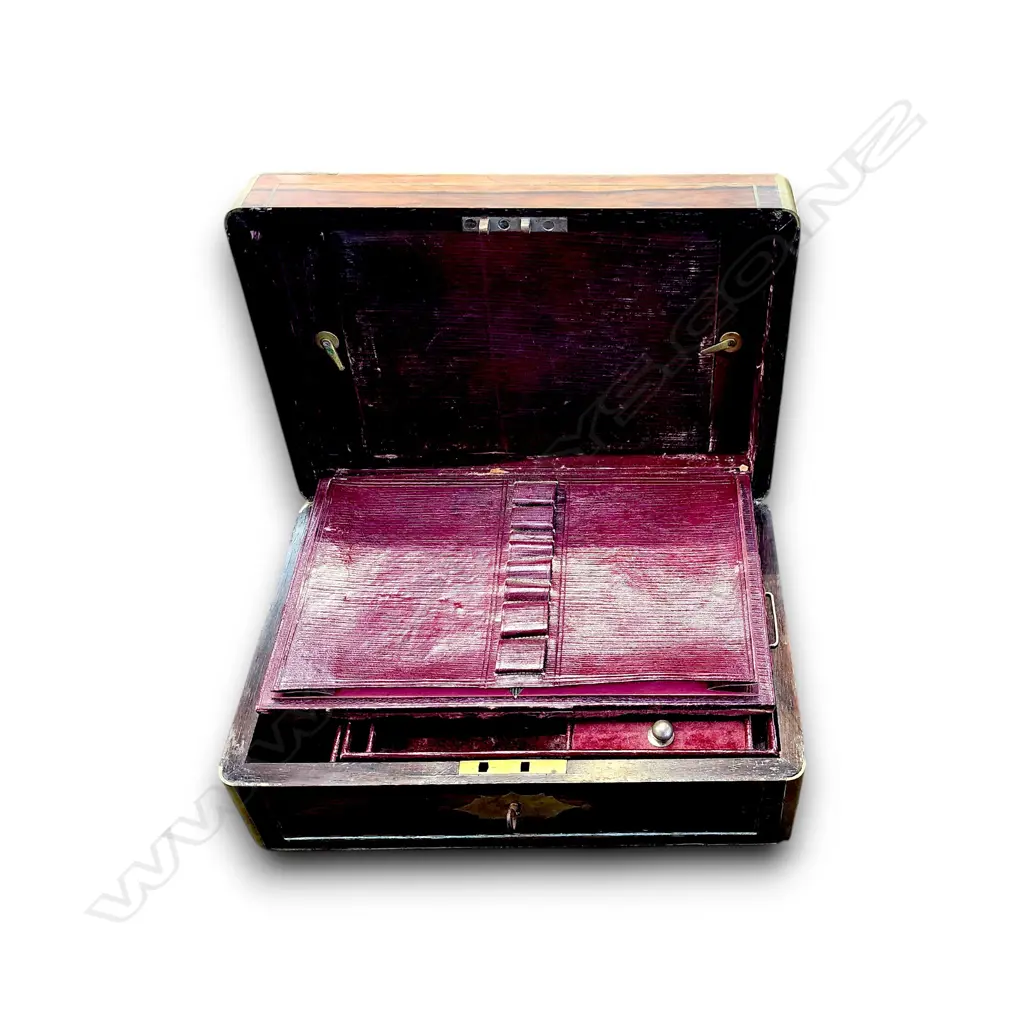 ANTIQUE 19th CENTURY WOODEN JEWELLERY BOX W BRASS-INLAID EDGE AND VELVET INTERIOR 130 H x 300 L mm Image 1++