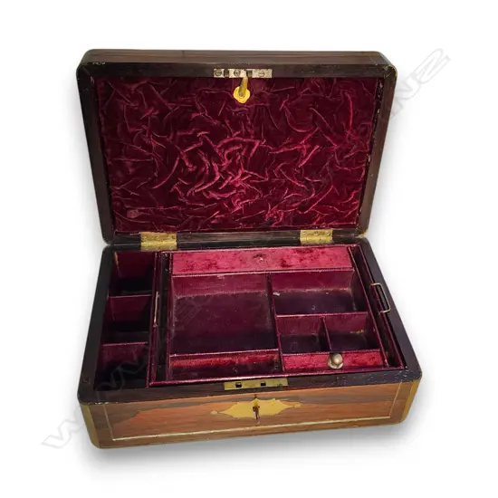 WOODEN JEWELLERY BOX W BRASS-INLAID EDGE AND VELVET INTERIOR 130 H x 300 L mm
