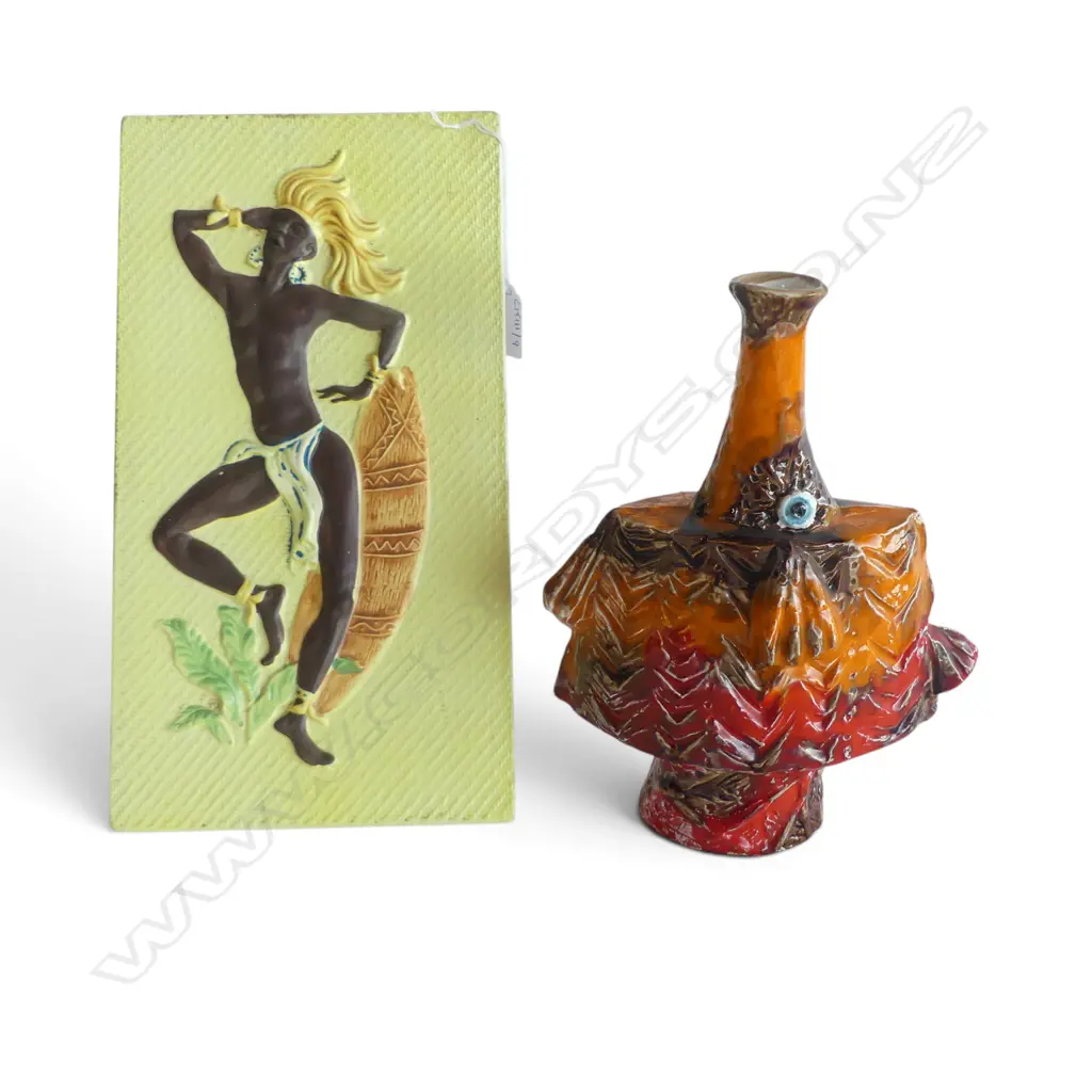 MID CENTURY FISH VASE & CERAMIC ETHNIC DANCER WALL PLAQUE L310MM Image 1++