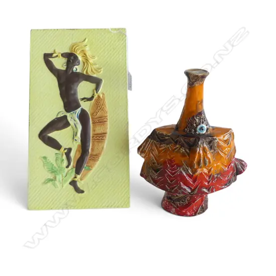 MID CENTURY FISH VASE & CERAMIC ETHNIC DANCER WALL PLAQUE L310MM