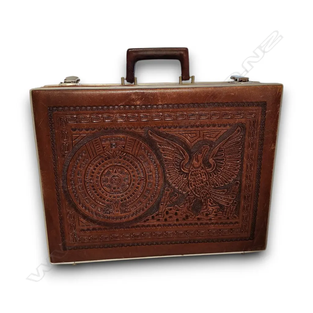 MEXICAN HAND-TOOLED LEATHER BRIEFCASE 1950's 350mm L x 440mm D Image 1++